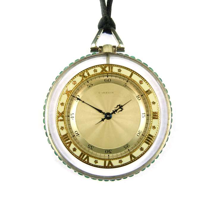 Rock crystal, emerald and enamel pocket watch